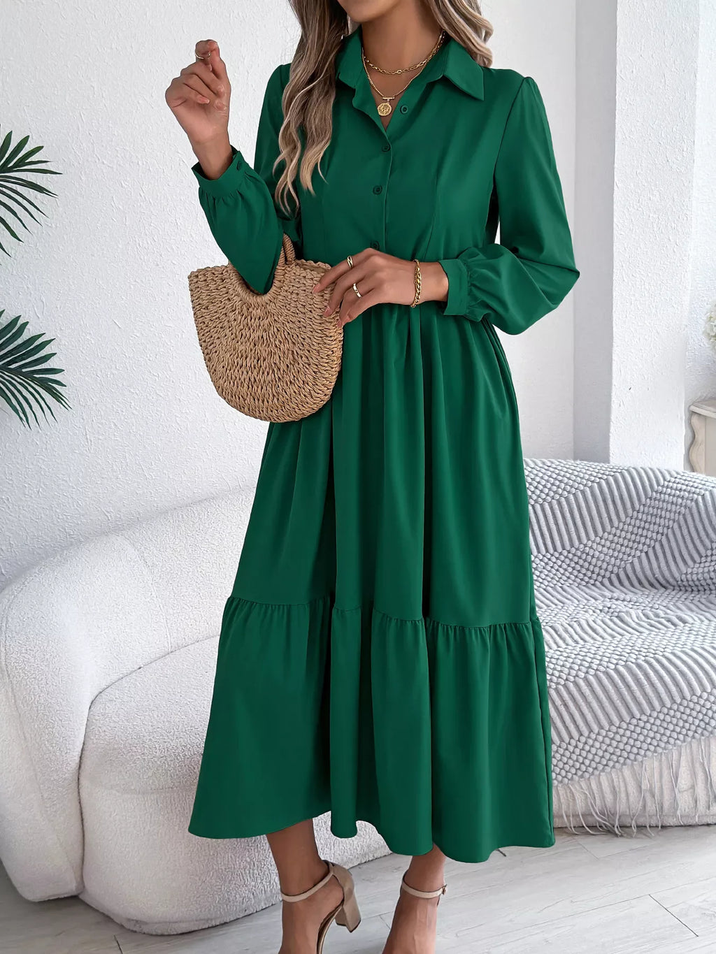 Navy Blue Ruffled Tiered Shirt Dress - View 20 | WEUXS