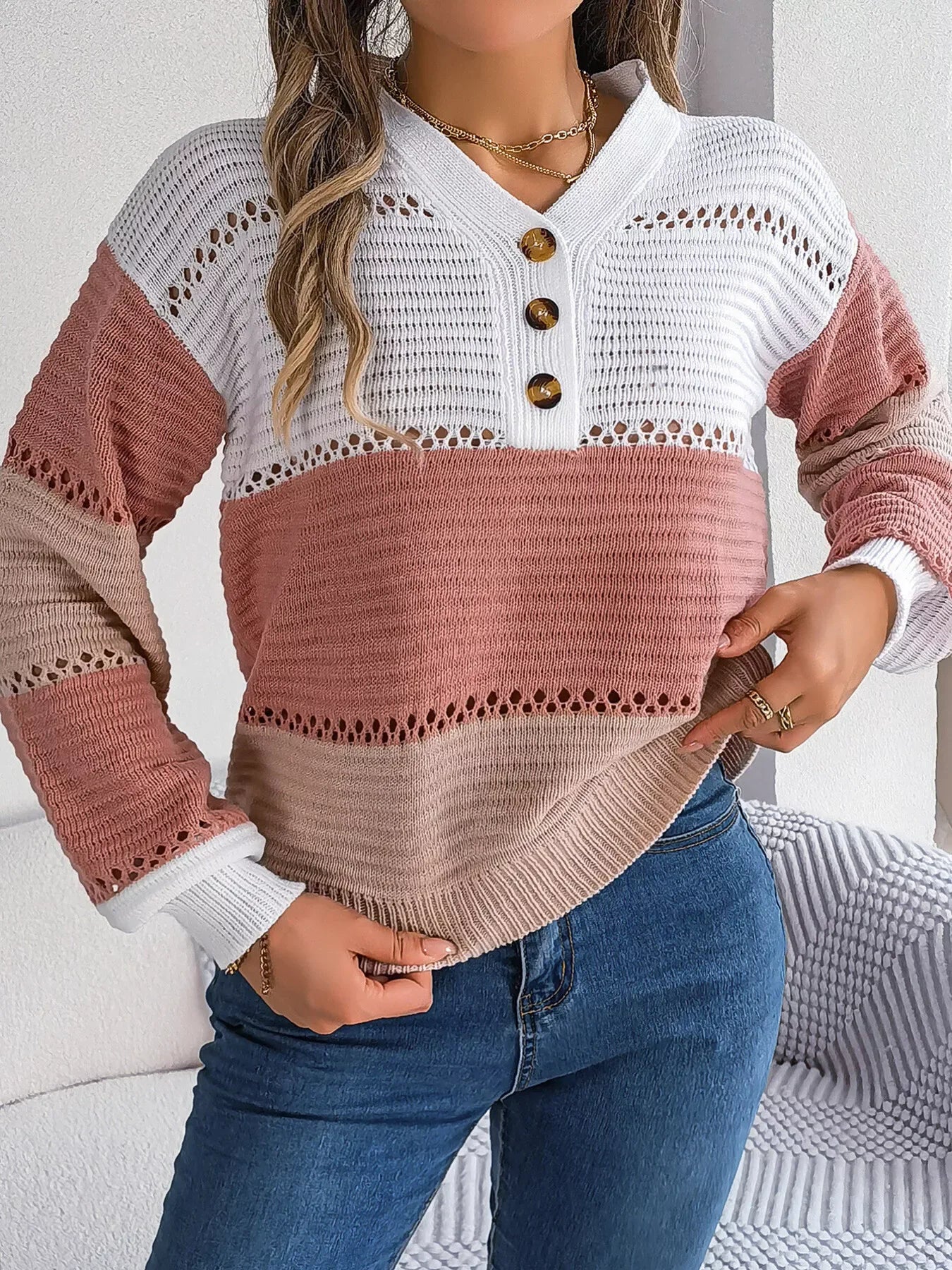 Color block knit henley sweater - View 17 | WEUXS