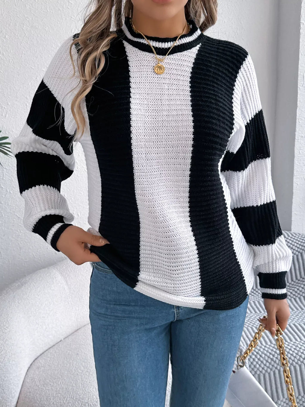 Vertical stripe knit sweater - View 6 | WEUXS