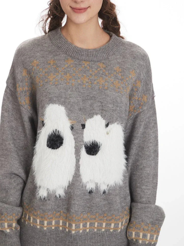 Flower gray graphic knit sweater with textured animal design - View 6 | WEUXS