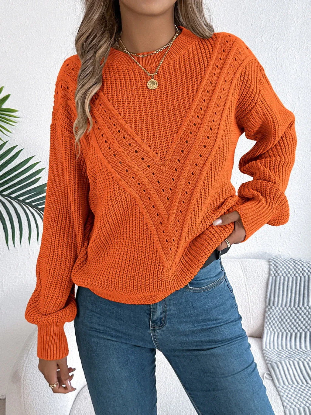 Pointelle knit crew neck sweater - View 7 | WEUXS