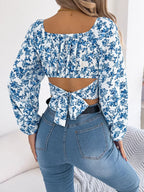 Romantic White Floral Lantern Sleeve Crop Top - WEUXS
