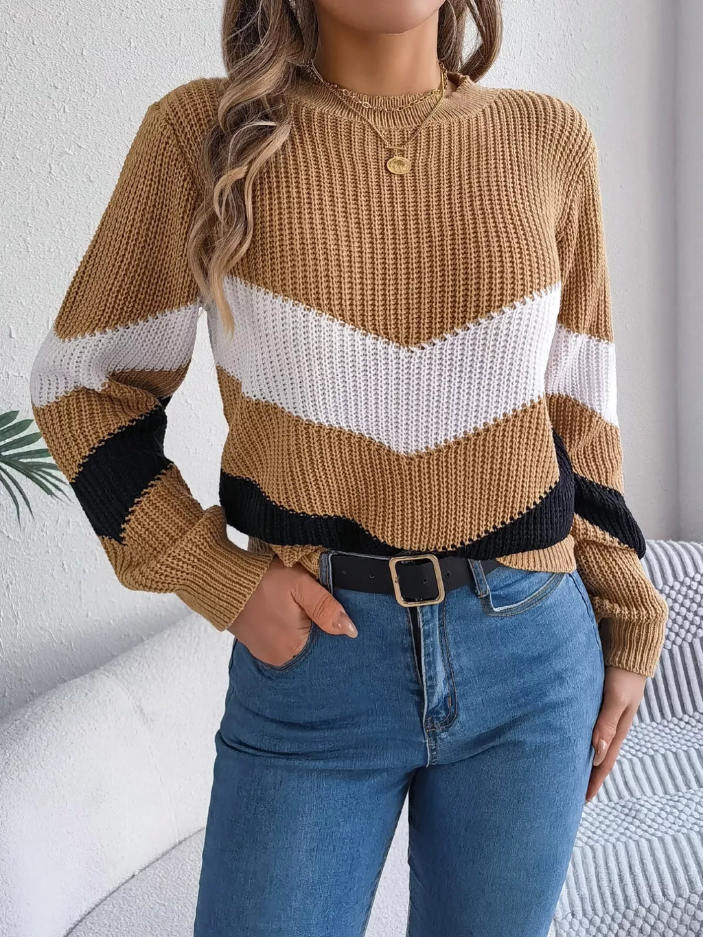 Women's Color Block Chevron Knit Sweater - WEUXS