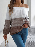 Off-Shoulder Color Block Knit Sweater - View 12 | WEUXS