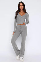 Grey women's long sleeve pajama set with flared pants
