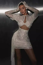 White jacquard mini dress with cut-out and draped detail