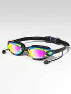 Close-up of black swimming goggles with iridescent mirrored lenses