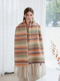 Oversized green gradient striped scarf with fringed edges - View 11 | WEUXS