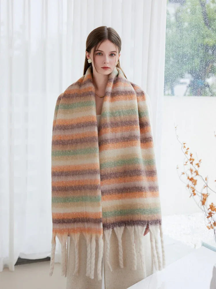 Oversized green gradient striped scarf with fringed edges - View 11 | WEUXS