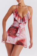 Rose Print Frill Halter Mini Dress | Dress In Beauty
