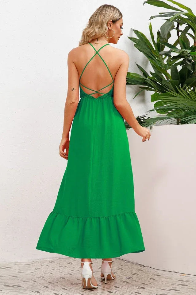 A-line maxi dress with smocked bodice and crisscross back straps - View 14 | WEUXS