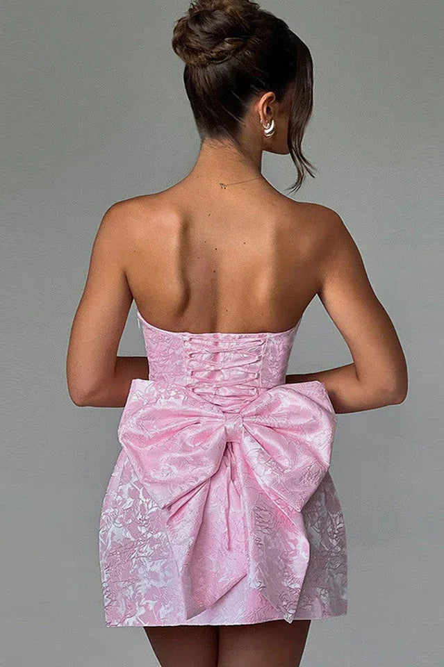 Jacquard Print Tube Back Bow Mini Dress - WEUXS