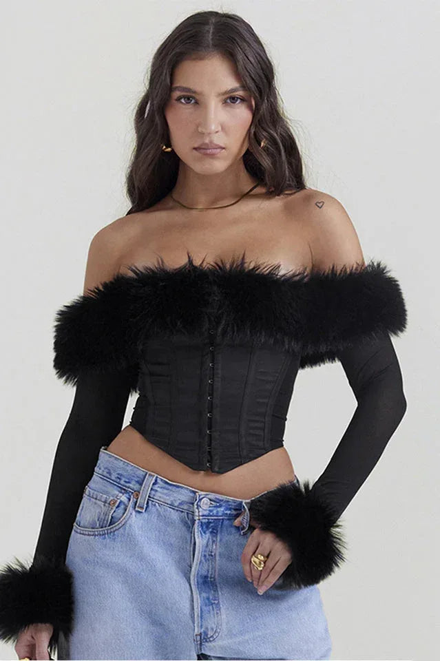 Black Faux Fur Trimmed Bustier - WEUXS Main image