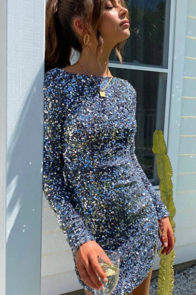 Sequin mini dress with long sleeves - View 11 | WEUXS