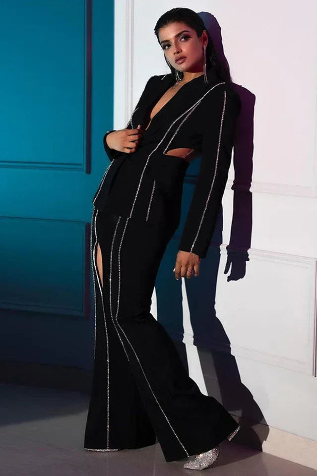 Women's black embellished blazer and flare pants set - View 13 | WEUXS