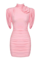 Ruched mock neck minidress with flower appliqué - View 19 | WEUXS