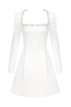 White embellished square neck long sleeve crepe mini dress - View 13 | WEUXS