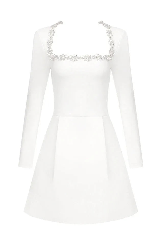 White embellished square neck long sleeve crepe mini dress - View 13 | WEUXS