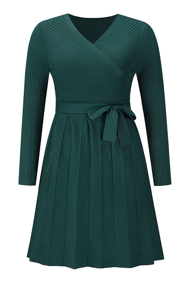 Surplice Neck Tie Front Pleated Sweater Dress | Dress In Beauty