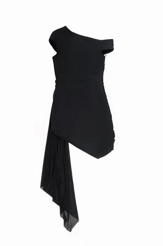 Back view of a black one-shoulder asymmetrical mini dress with draped chiffon overlay and a high slit, shown flat.