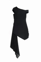 Back view of a black one-shoulder asymmetrical mini dress with draped chiffon overlay and a high slit, shown flat.