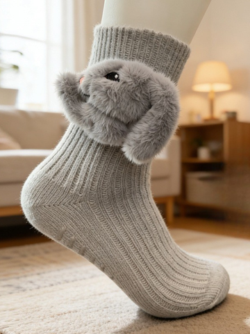 3D Fluffy Bunny Plush Grip Socks Grey
