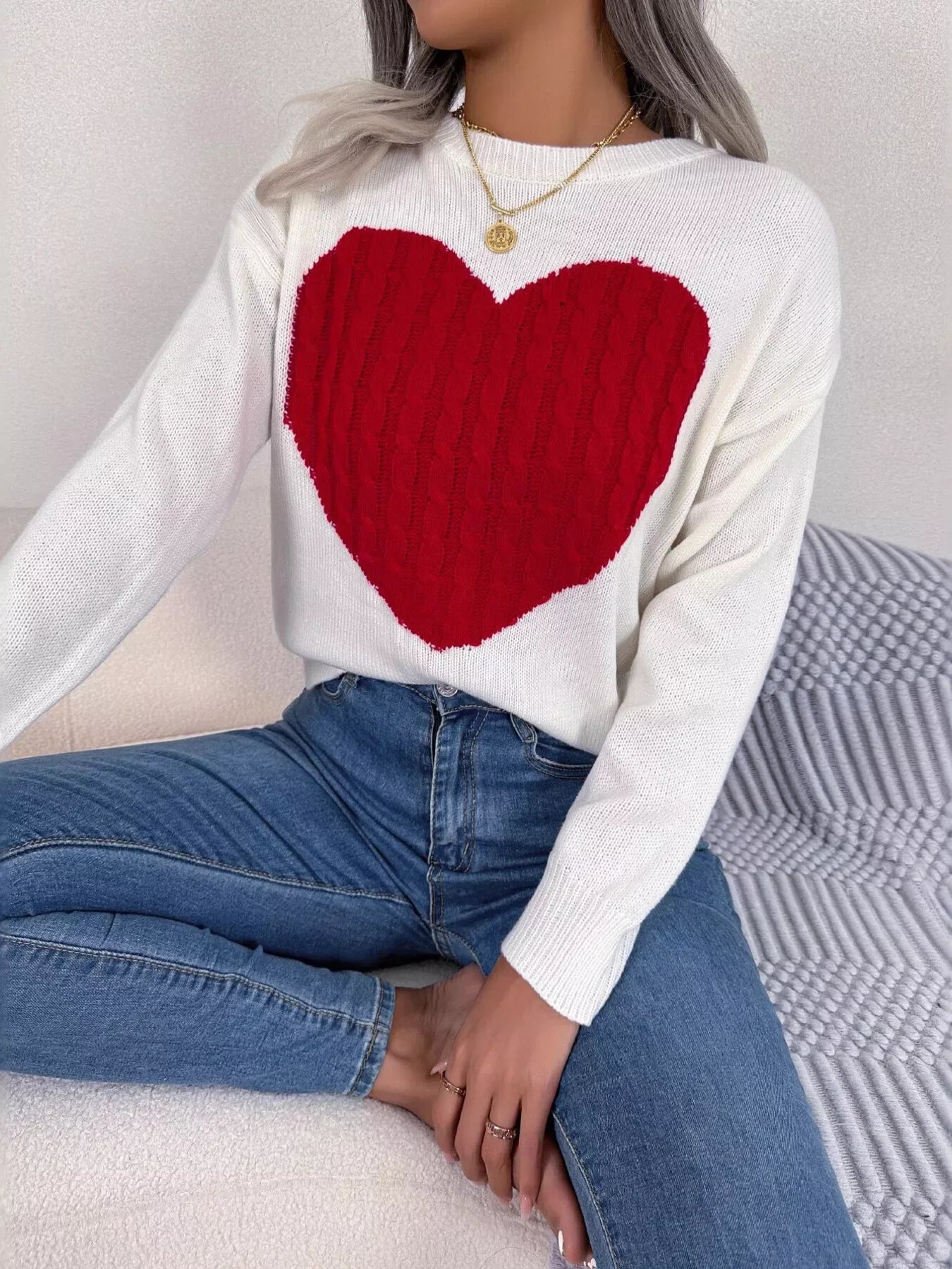 Cable knit sweater with heart design - View 16 | WEUXS