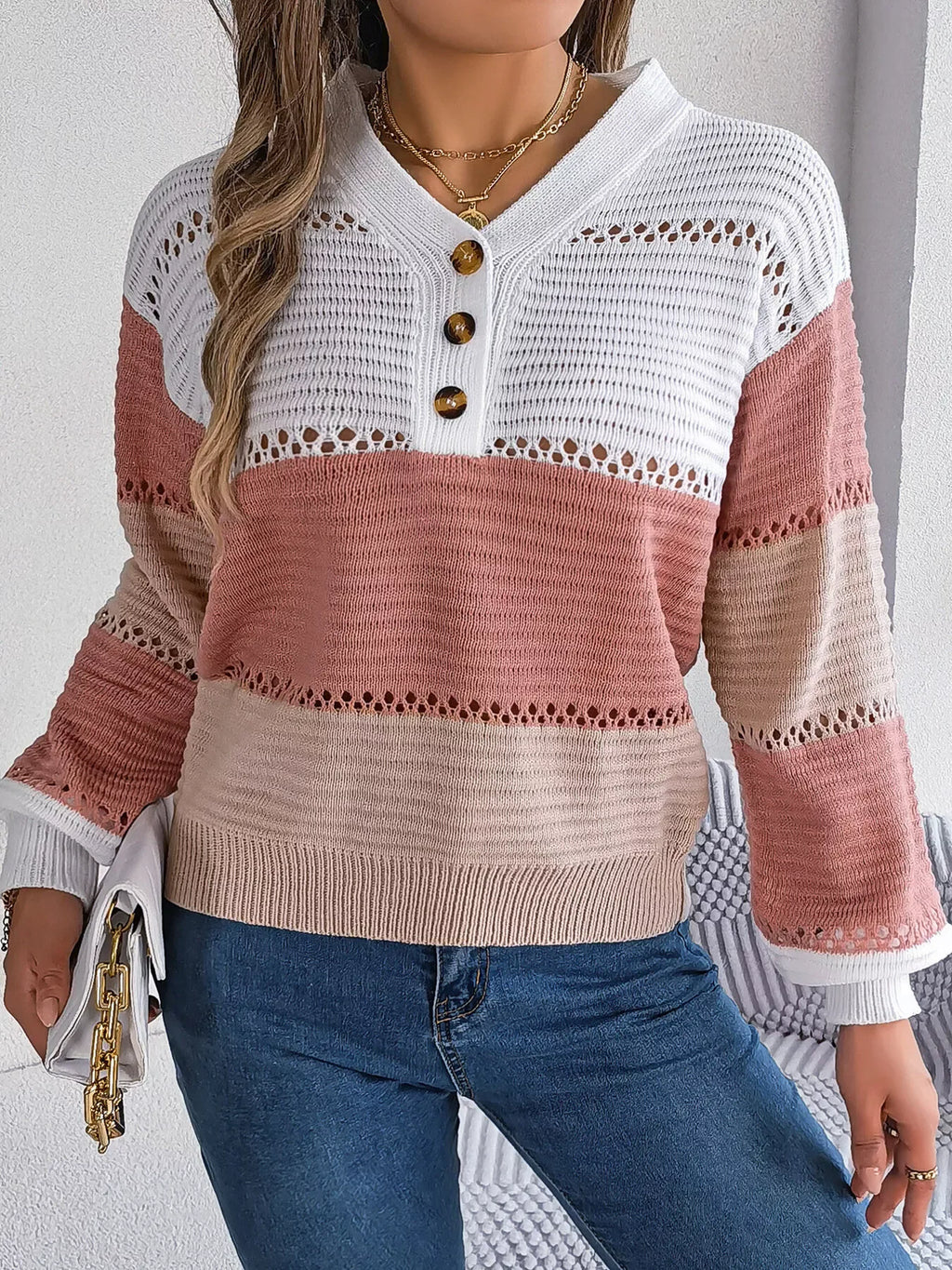 Color block knit henley sweater - View 16 | WEUXS