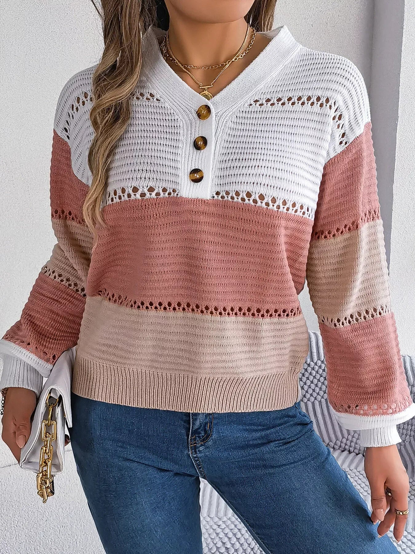 Color block knit henley sweater - View 16 | WEUXS