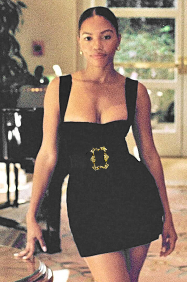 Solid Metallic Buckle Belted Mini Dress | Dress In Beauty