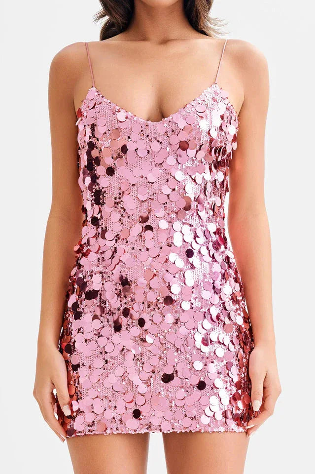 Front view of a pink sequined sheath dress