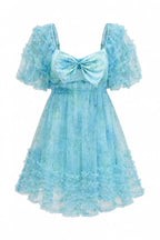 Floral print mini dress with puff sleeves and tiered ruffle hem - View 7 | WEUXS