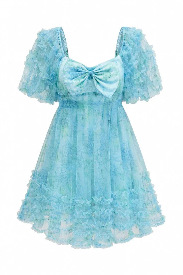 Floral print mini dress with puff sleeves and tiered ruffle hem - View 7 | WEUXS