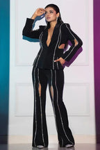 Women's black embellished blazer and flare pants set - View 14 | WEUXS