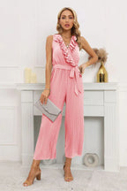 Calf length wide leg jumpsuit with ruffle neckline - View 9 | WEUXS