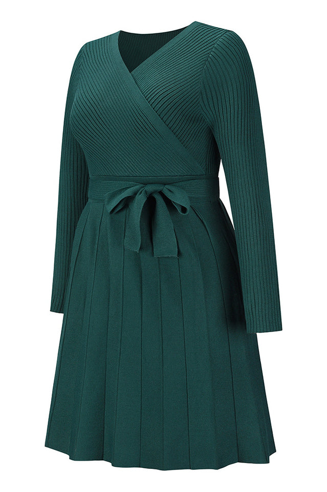 Surplice Neck Tie Front Pleated Sweater Dress | Dress In Beauty