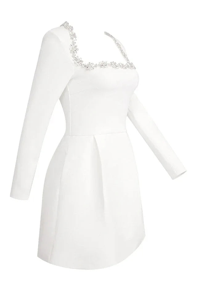 White embellished square neck long sleeve crepe mini dress - View 14 | WEUXS