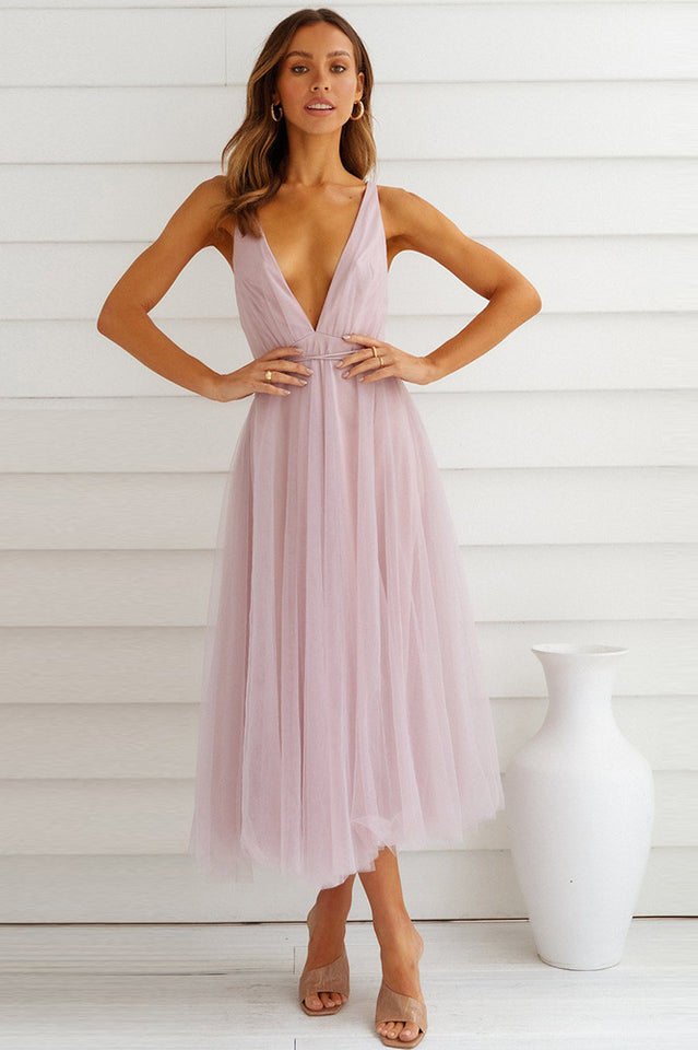 Plunging Neck Backless Mesh Midi Dress | Dress In Beauty