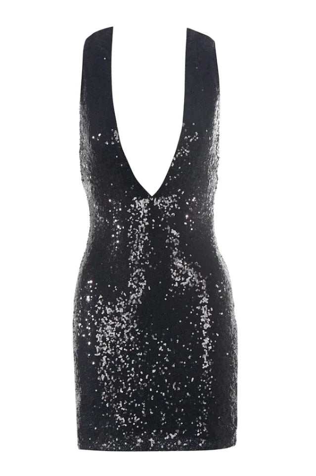 Sequin mini dress with long sleeves and open back - View 7 | WEUXS