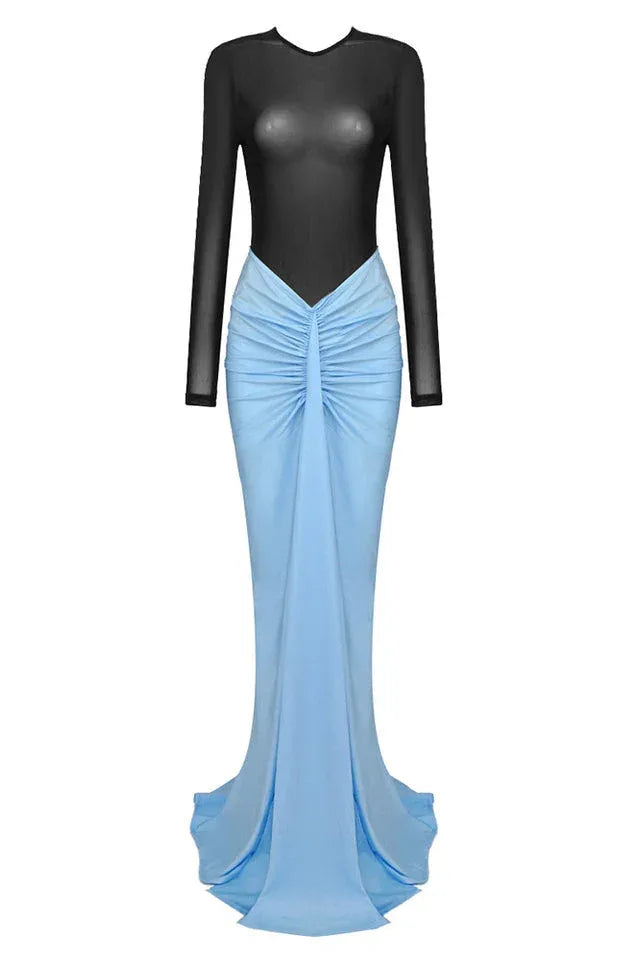 Woman wearing a blue ruched maxi skirt and black long sleeve bodysuit - View 15 | WEUXS