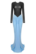 Woman wearing a blue ruched maxi skirt and black long sleeve bodysuit - View 15 | WEUXS
