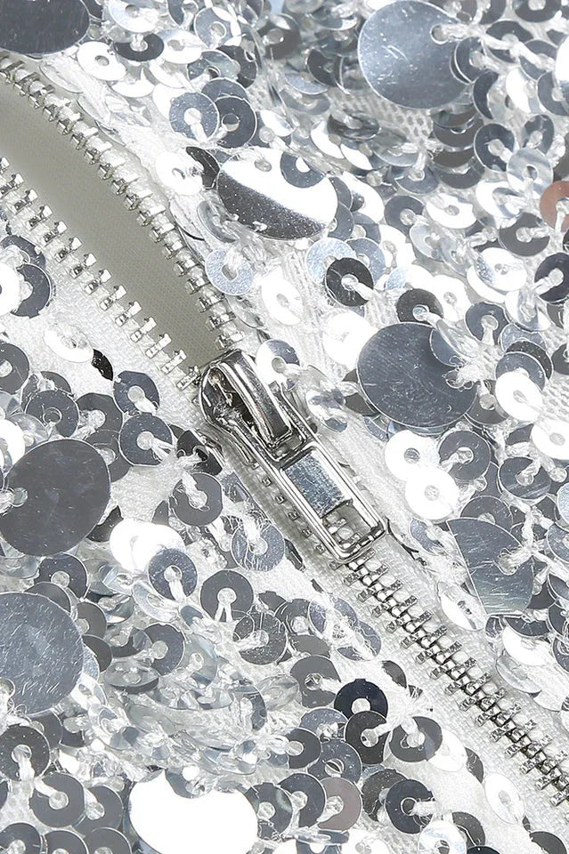 Silver sequin mini dress with high neckline and long sleeves - View 10 | WEUXS