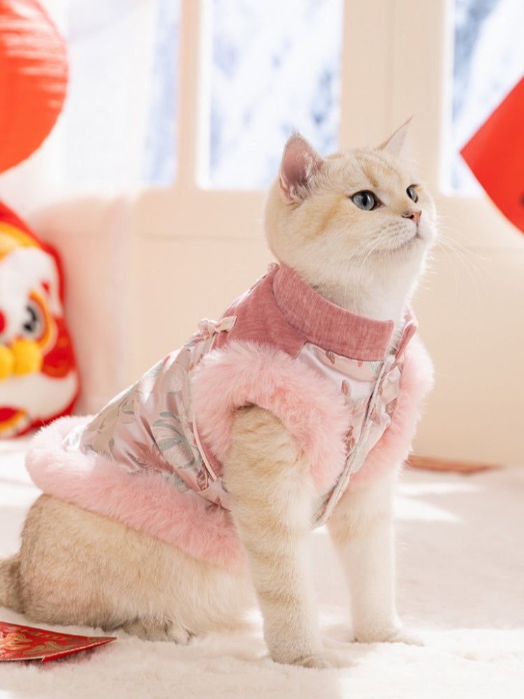 Pink Peony Brocade Tang Suit Pet Vest with Faux Fur Collar - View 6 | WEUXS