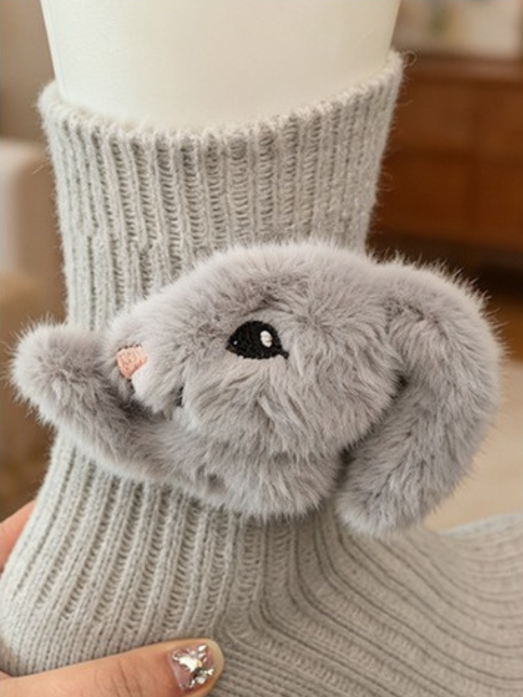 3D Fluffy Bunny Plush Grip Socks Grey