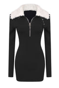 Fluffy Collared Zip Detailed Knit Dress | Dress In Beauty
