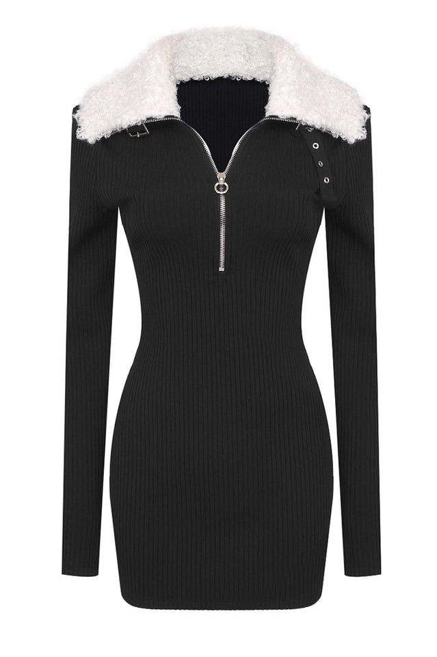 Fluffy Collared Zip Detailed Knit Dress | Dress In Beauty
