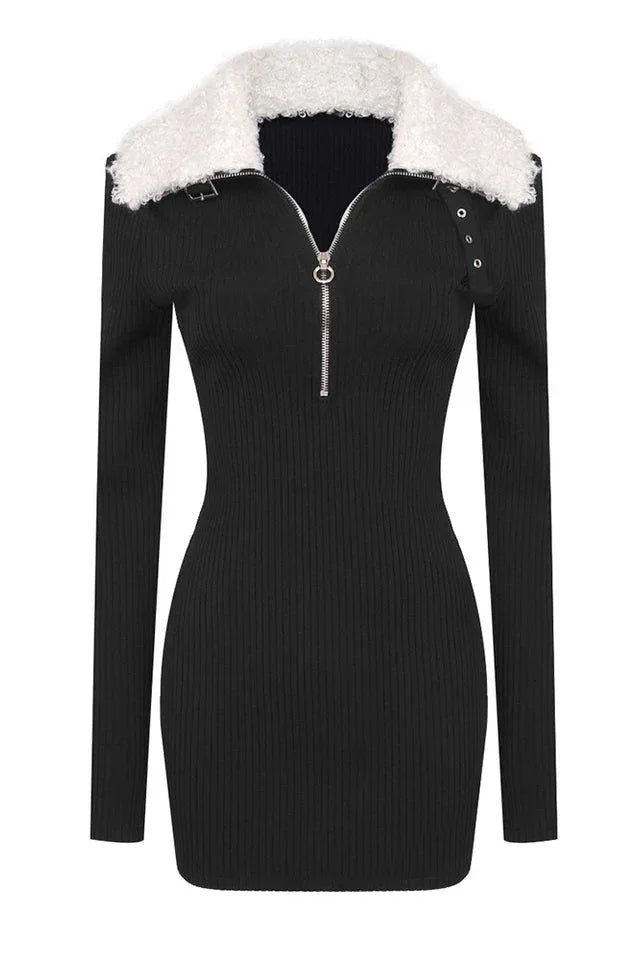 Ribbed knit mini dress with zipper collar - View 16 | WEUXS