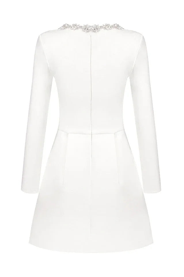 White embellished square neck long sleeve crepe mini dress - View 15 | WEUXS