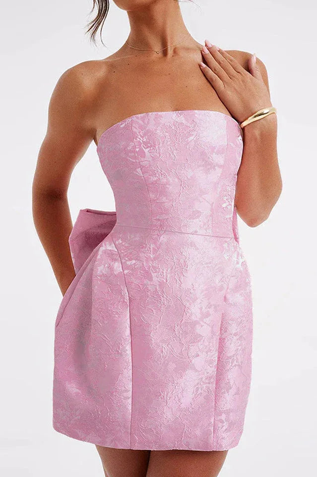 Jacquard Print Tube Back Bow Mini Dress - WEUXS