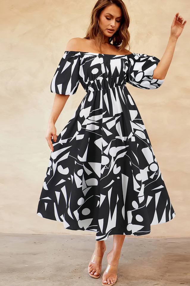 Printed Off Shoulder Balloon Sleeve Dress | Dress In Beauty